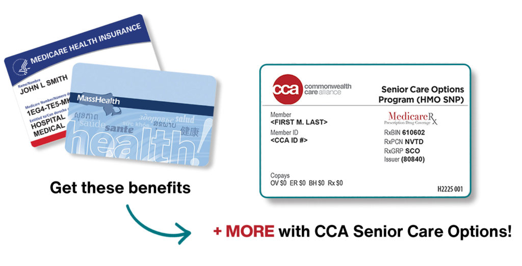 Medicare and MassHealth membership cards alongside CCA Senior Care Options card with text "Get these benefits + MORE with CCA Senior Care Options!"