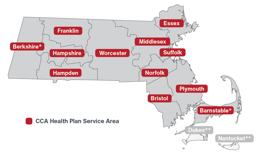 Map with Barnstable, Berkshire, Bristol, Essex, Franklin, Hampden, Hampshire, Middlesex, Norfolk, Plymouth, Suffolk and Worcester counties highlighted. Asterisks indicate that One Care is available in Berkshire and Barnstable counties; Senior Care Options is not available in these counties.