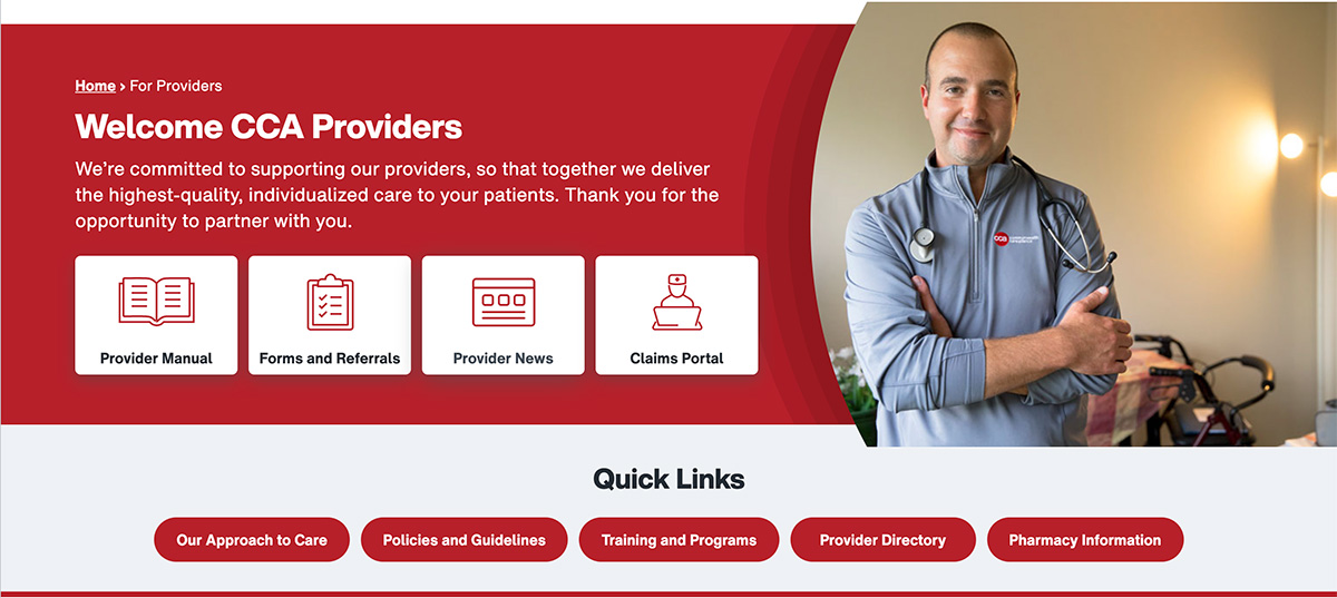 Screenshot of CCA website's provider landing page