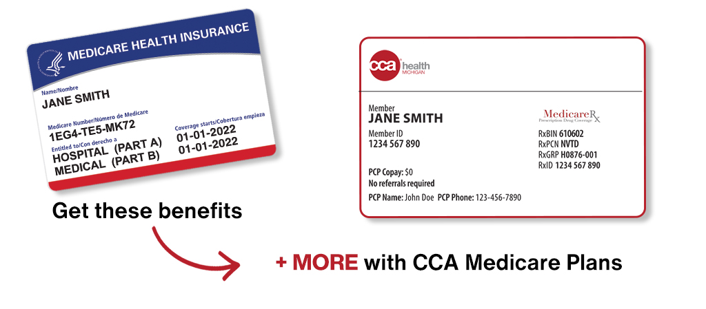 Medicare card alongside CCA membership card with text 