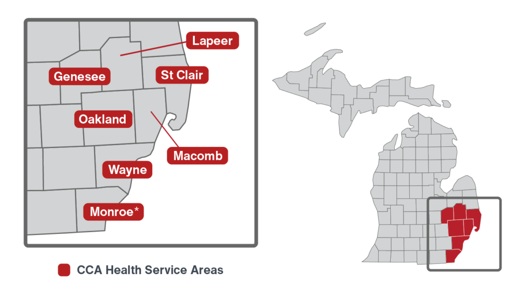 Map of Michigan with Genesee, Lapeer, Macomb, Monroe, Oakland, St. Clair, and Wayne counties highlighted