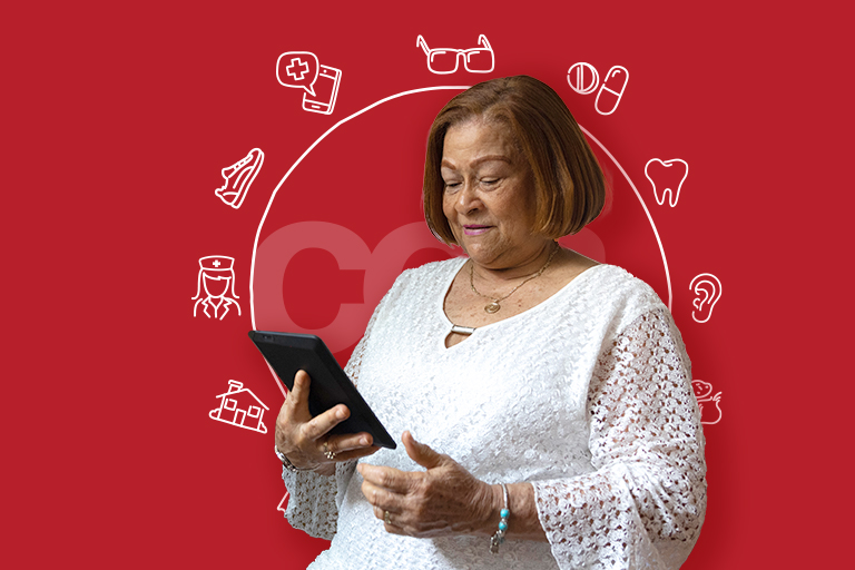 Woman reading tablet with CCA Circle of Care in background