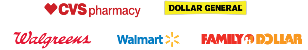 Logos for CVS Pharmacy, Dollar General, Walgreens, Walmart, and Family Dollar