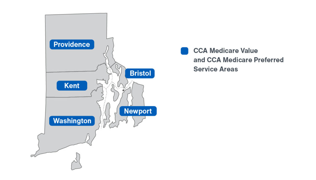 Map of CCA Medicare Value and CCA Medicare Preferred service areas in Providence, Kent, Washington, Bristol, and Newport, Rhode Island