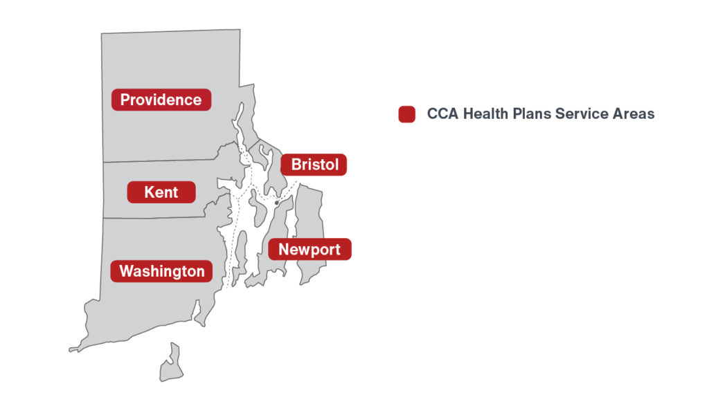 Map of Rhode Island highlighting service areas for CCA Health Plans