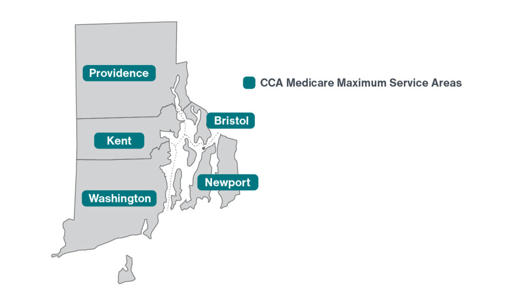 Map of Rhode Island with all counties highlighted as CCA Medicare Maximum service areas