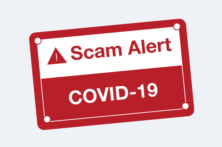 Red and white graphic that reads "Scam Alert COVID-19"