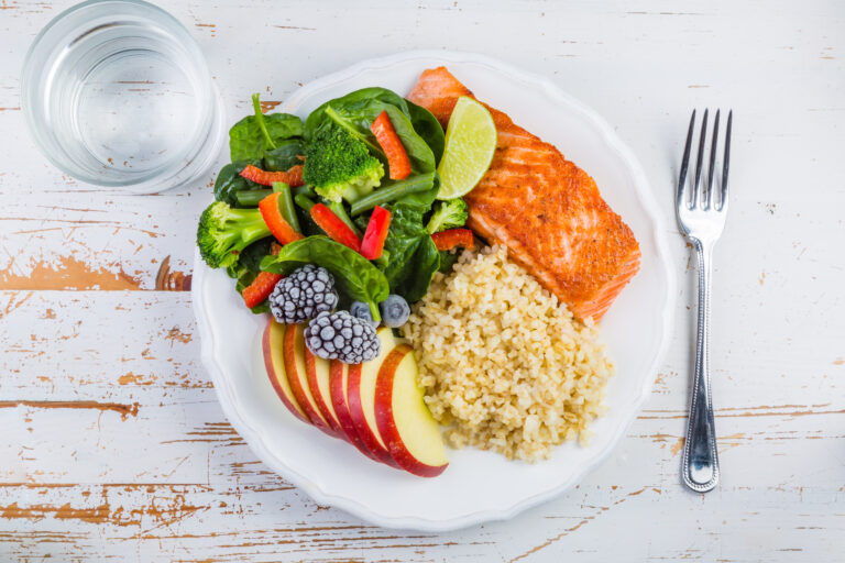 Plate illustrating the MyPlate method, which encourages eating meals made up of 50% fruits and vegetables, 25% protein, and 25% whole grains.