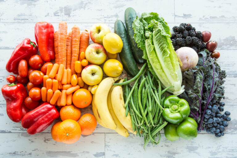 fresh fruits and vegetables laid out