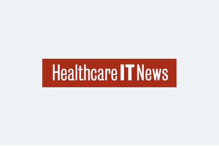 red background and Healthcare IT News text in white