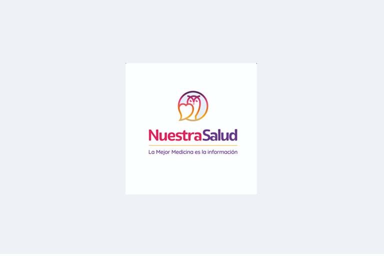 Nuestra Salud logo round circle multicolored with a small critter in the center.
